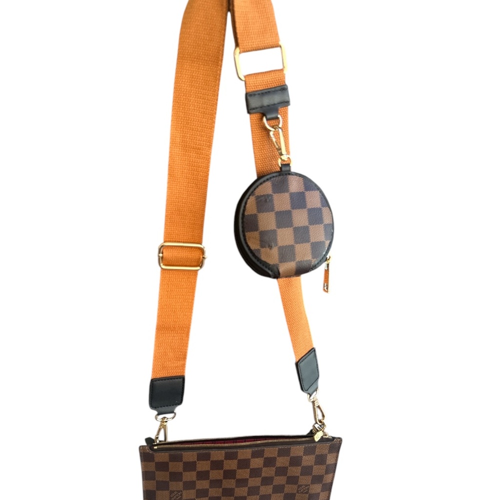 Tan & Black Crossbody Strap And Unbranded Check  Pattern Coin Case Set NWT